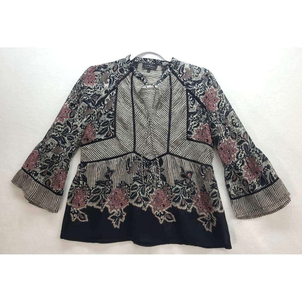 Lucky Brand Boho Mixed‎ Print Sheer Top 3/4 Bell Sleeves Sz Sm